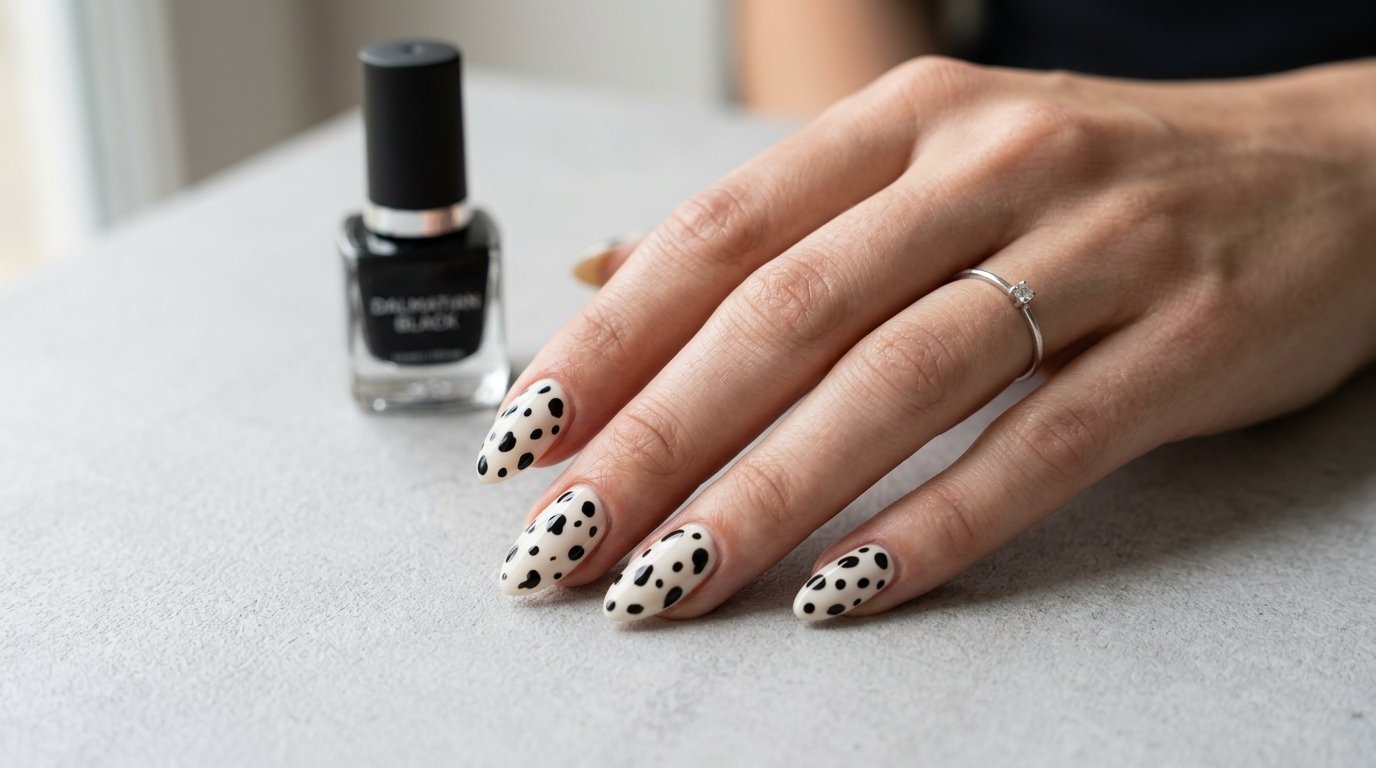 entdecken sie die angesagte dalmatian nails maniküre 2026 mit stilvoller unregelmäßigkeit und minimalistische animal print eleganz für ihre fingernägel